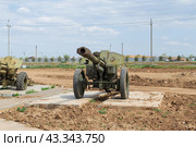 Артиллерия, гаубица Д-1, калибром 152мм, буксируемое артиллерийское орудие в парке Патриот. Волгоградская область, Средняя Ахтуба, Россия. (2024 год). Редакционное фото, фотограф Андрей Цыганков / Фотобанк Лори