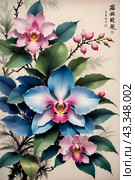 Акварель. Китайский, японский стиль рисования тушью. Цветы. Watercolour. Chinese, Japanese ink painting style. Flowers. Стоковое AI-изображение, AI-художник Гер Олег / Фотобанк Лори