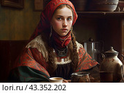 Young woman in traditional Russian clothes sitting at a table in a village hut. She wears a bright red scarf tied beautifully on her head and an outfit with patterned embroidery. Her hair is braided and jewelry is visible on her neck. The woman looks directly into the camera, her gaze is serious and focused. On the table in front of her are various ceramic vessels and a cup of tea, which adds authenticity and warmth to the painting. Стоковое AI-изображение, AI-художник Анна Кривицкая / Фотобанк Лори