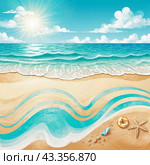 Art beach scene with gentle waves, sandy shoreline. Bright colors create peaceful atmosphere. Generated AI. Sunny beach holidays travel concept. Copy space. Sunny tropic paradise. Plage background. Стоковое AI-изображение, AI-художник Юлия Петровская / Фотобанк Лори