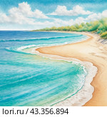 Art beach scene with gentle waves, sandy shoreline. Bright colors create peaceful atmosphere. Generated AI. Sunny beach holidays travel concept. Copy space. Sunny tropic paradise. Plage background. Стоковое AI-изображение, AI-художник Юлия Петровская / Фотобанк Лори
