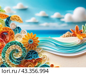 Art beach scene with gentle waves, sandy shoreline. Bright colors create peaceful atmosphere. Generated AI. Sunny beach holidays travel concept. Copy space. Sunny tropic paradise. Plage background. Стоковое AI-изображение, AI-художник Юлия Петровская / Фотобанк Лори