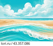 Art beach scene with gentle waves, sandy shoreline. Bright colors create peaceful atmosphere. Generated AI. Sunny beach holidays travel concept. Copy space. Sunny tropic paradise. Plage background. Стоковое AI-изображение, AI-художник Юлия Петровская / Фотобанк Лори