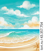 Art beach scene with gentle waves, sandy shoreline. Bright colors create peaceful atmosphere. Generated AI. Sunny beach holidays travel concept. Copy space. Sunny tropic paradise. Plage background. Стоковое AI-изображение, AI-художник Юлия Петровская / Фотобанк Лори
