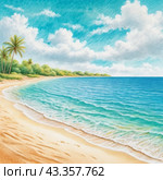 Art beach scene with gentle waves, sandy shoreline. Bright colors create peaceful atmosphere. Generated AI. Sunny beach holidays travel concept. Copy space. Sunny tropic paradise. Plage background. Стоковое AI-изображение, AI-художник Юлия Петровская / Фотобанк Лори