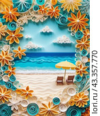 Art beach scene with gentle waves, sandy shoreline. Bright colors create peaceful atmosphere. Generated AI. Sunny beach holidays travel concept. Copy space. Sunny tropic paradise. Plage background. Стоковое AI-изображение, AI-художник Юлия Петровская / Фотобанк Лори
