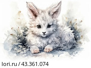 Fluffy kitten with big black eyes, drawn in watercolor style. Its coat is white and gray, softly shimmering, creating the effect of volume and fluffiness. Around the kitten there are watercolor spots and stylized leaves, which add lightness and tenderness to the composition. The kitten looks straight into the camera, which makes his gaze very expressive. Стоковое AI-изображение, AI-художник Анна Кривицкая / Фотобанк Лори