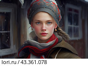 Young girl in traditional Russian clothes. Her blond hair is braided and she wears a decorated scarf or kokoshnik on her head. The girl's face is slightly ruddy from the cold, her blue eyes look straight ahead, giving the impression of calm and confidence. She is dressed in warm clothes, decorated with colorful elements, including a scarf and embroidery. The background is darkened, with the window of a wooden house visible, giving the scene a cozy and wintry atmosphere. Стоковое AI-изображение, AI-художник Анна Кривицкая / Фотобанк Лори