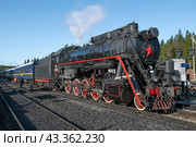 Старый паровоз Л-5164 с  ретропоездом "Рускеальский экспресс" прибыл на станцию "Горный парк Рускеала" октябрьским солнечным днем. Карелия (2023 год). Редакционное фото, фотограф Виктор Карасев / Фотобанк Лори