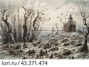 Scene after the battle in the winter forest. The field is covered with the bodies of soldiers and various pieces of military equipment. Trees without leaves, their bare branches create a gloomy atmosphere. In the background you can see a small church or chapel, done in dark colors. Crows fly in the sky, adding a sense of tragedy and emptiness to the scene. Gray and brown shades emphasize the harshness and coldness of the environment. Стоковое AI-изображение, AI-художник Анна Кривицкая / Фотобанк Лори
