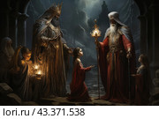 A fantasy-style scene where a king and a magician in luxurious clothes perform an initiation ceremony for a young girl. The king in a golden crown and rich robe extends his hand to the girl who is kneeling. A magician holding a wand of magical fire supports the ceremony. Around them are other characters in medieval costumes, illuminated by the warm light of torches. The background is a gloomy landscape with mountains and ruins, which adds epicness and mystery to the scene. Стоковое AI-изображение, AI-художник Анна Кривицкая / Фотобанк Лори