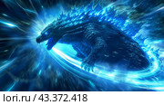 Radiant Godzilla in a Vortex of Blue Energy. Стоковое AI-изображение, AI-художник Кирилл Черезов / Фотобанк Лори