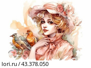 Young woman with curly blond hair, dressed in a romantic peach-colored dress. She wears a wide-brimmed hat decorated with flowers, giving her an elegant and sophisticated look. The woman looks directly at the viewer, creating a feeling of spontaneity and openness. Next to her, against a background of flowers, sit two brightly colored birds: one with bluish-green feathers, the other with bright orange and yellow feathers. The background of the image is made in soft watercolor tones, which adds airiness and lightness to the scene. This image conveys a feeling of spring, freshness and romance. Стоковое AI-изображение, AI-художник Анна Кривицкая / Фотобанк Лори