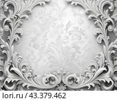Frame in Roccoco Baroque style. Delicate gray grey white monochrome flowers, soft petals. Image captures the intricate details of blossoms, showcasing delicate beauty. Background with copy space. AI. Стоковое AI-изображение, AI-художник Юлия Петровская / Фотобанк Лори