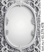 Frame in Roccoco Baroque style. Delicate gray grey white monochrome flowers, soft petals. Image captures the intricate details of blossoms, showcasing delicate beauty. Background with copy space. AI. Стоковое AI-изображение, AI-художник Юлия Петровская / Фотобанк Лори