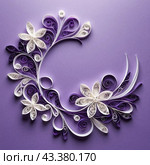 Paper flowers crafted using the quilling technique. The flowers are in shades of purple and white and are arranged in a circular pattern on a lavender background. Frame with copy space. AI generated. Стоковое AI-изображение, AI-художник Юлия Петровская / Фотобанк Лори