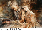 Young couple in luxurious Baroque outfits. A man and a woman are sitting next to each other, while the man, with white curled hair and a rich suit with lace, rests his head on the woman's shoulder and seems to be asleep. A woman with delicate features and red hair tied up in a high hairstyle gently leaned on the man, her eyes closed, expressing calm and tranquility. Both characters are dressed in pastel-colored outfits, decorated with lace and intricate patterns. The background is made in soft brown and gold shades, which creates a warm and intimate atmosphere, emphasizing the romance of the scene. Стоковое AI-изображение, AI-художник Анна Кривицкая / Фотобанк Лори