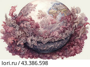 A globe from which a variety of fantastic plants and flowers grow. The globe occupies the central place of the composition; continents and oceans can be distinguished on its surface. However, the lower part of the globe has been turned into a decorative vase, from which bizarre plants seem to flow and grow. The plants come in a variety of shapes and come in shades of pink, purple and lilac. These plants surround and envelop the globe, creating the effect of merging nature and geography. The picture is made with high detail, each branch and leaf is carefully drawn, which gives the image volume and realism. The background of the picture is neutral, which allows you to concentrate attention on the central composition. Стоковое AI-изображение, AI-художник Анна Кривицкая / Фотобанк Лори