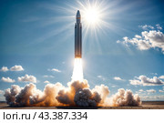 Ballistic nuclear military missile in blue sky with clouds, rocket launch trace. Anti-aircraft defense by military complexes, military aid, protection of sky. War concept on Earth. Copy ad text space. Стоковое AI-изображение, AI-художник Aleksandr Golubev / Фотобанк Лори
