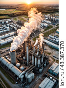 Aerial view of industrial factory with heat exchanger cracking hydrocarbons, sunset. Equipment petrochemical plant. Manufacturing industry technology concept. Gen ai illustration. Copy ad text space. Стоковое AI-изображение, AI-художник Aleksandr Golubev / Фотобанк Лори