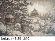 Winter landscape with two traditional oriental buildings surrounded by snow-covered trees and mountains. In the foreground on the left is a small house with a curved roof and wooden elements, surrounded by thick branches of trees covered with snow. In the background on the right is a majestic temple or palace standing on a hill, also surrounded by snow-capped trees and mountains. The sky is depicted with swirling clouds, giving the scene a fantastic and mystical atmosphere. The entire composition is made in muted tones with a predominance of gray, white and brown shades, which emphasizes the coldness and tranquility of the winter landscape. Стоковое AI-изображение, AI-художник Анна Кривицкая / Фотобанк Лори