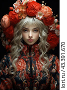 A young girl with long blond hair, dressed in a traditional Russian outfit. Her head is decorated with a large wreath of bright red and soft pink flowers, adding solemnity and beauty to the image. Her dark-colored dress features intricate floral patterns in red and orange. The background is dark, which emphasizes the brightness of the colors and patterns, and also emphasizes the girl’s face, which expresses calmness and confidence. The overall composition emphasizes elements of Russian style and culture, creating an atmosphere of traditionality and sophistication. Стоковое AI-изображение, AI-художник Анна Кривицкая / Фотобанк Лори