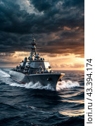 Modern rocket cruiser military warship sailing in open stormy sea at sunset cloudy sky, naval military control of sea. Protection of water state borders. Naval forces army concept. Copy ad text space. Стоковое AI-изображение, AI-художник Aleksandr Golubev / Фотобанк Лори