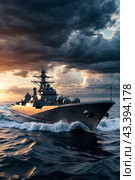 Modern rocket cruiser military warship sailing in open stormy sea at sunset cloudy sky, naval military control of sea. Protection of water state borders. Naval forces army concept. Copy ad text space. Стоковое AI-изображение, AI-художник Aleksandr Golubev / Фотобанк Лори