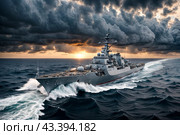 Modern rocket cruiser military warship sailing in open stormy sea at sunset cloudy sky, naval military control of sea. Protection of water state borders. Naval forces army concept. Copy ad text space. Стоковое AI-изображение, AI-художник Aleksandr Golubev / Фотобанк Лори