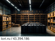 Packaged weapon inside military storage, guns in metal and wooden boxes stored in dark warehouse. Illegal smuggle arsenal of firearm. Concept of war, industry, violence, security. Copy ad text space. Стоковое AI-изображение, AI-художник Aleksandr Golubev / Фотобанк Лори