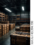Packaged weapon inside military storage, guns in metal and wooden boxes stored in dark warehouse. Illegal smuggle arsenal of firearm. Concept of war, industry, violence, security. Copy ad text space. Стоковое AI-изображение, AI-художник Aleksandr Golubev / Фотобанк Лори