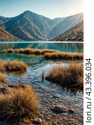 Landscape photo of Laguna Colorada lake with dry vegetation at Andes mountains background. Scenery view of Bolivia in natural wilderness. Bolivian nature landmarks concept. Copy ad text space, poster. Стоковое AI-изображение, AI-художник Aleksandr Golubev / Фотобанк Лори