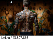 A man with a massive, muscular back, standing with his back to the camera. The man's entire back is covered with a tattoo that imitates a skeleton, with detailed images of vertebrae, ribs and shoulder blades. The tattoo is made in the style of biomechanics, combining realistic and fantastic elements. The man is wearing dark sports shorts. In the background, blurred interior elements, including vegetation and decor, are visible, creating the atmosphere of a studio or gym. Highlights and shadows highlight the muscles and details of the tattoo. Стоковое AI-изображение, AI-художник Анна Кривицкая / Фотобанк Лори