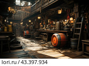 Interior of a workshop in retro style, filled with many tools, equipment and various items. The room looks cozy and cluttered, which gives it a special charm and atmosphere of creativity. Along the walls there are wooden shelves with cans, boxes and various parts. There are tools and mechanical parts on tables and workbenches. There are several large barrels and cable spools in the workshop. Light enters through windows and skylights, creating a warm and soft illumination. The staircase leads to the second floor, where objects and tools are also visible, while wooden beams and structures give the room an antique look. Стоковое AI-изображение, AI-художник Анна Кривицкая / Фотобанк Лори