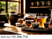 Set of variety ceylon teas on wooden table in meeting room at manufacturing plant on tea factory. Demonstration perfect tea for client. Production concept. Generate Ai illustration. Copy ad text space. Стоковое AI-изображение, AI-художник Aleksandr Golubev / Фотобанк Лори