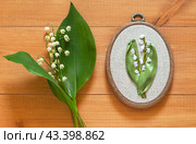 Spring floral hand embroidery with satin ribbons of  lilies of the valley flowers in hoops on wooden background. Crafts and embroidery as a hobby and leisure. Flat lay, top view, close-up, mock up. Стоковое фото, фотограф Виктория Катьянова / Фотобанк Лори