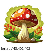 Colored vector illustration of One red fresh mushroom Fly agaric with green leaves isolated on a white background. Стоковая иллюстрация, иллюстратор Татьяна Куклина / Фотобанк Лори