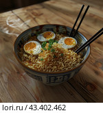 A bowl of delicious ramen noodles standing on a wooden table. The noodles are cooked with broth and garnished with three halves of a boiled egg with bright yellow yolks, chopped green onions and black pepper. The bowl also contains black chopsticks. The broth looks rich and flavorful. A wooden table adds a cozy and homely atmosphere to the image. The light falls softly on the bowl, highlighting the texture and color of the ingredients. Стоковое AI-изображение, AI-художник Анна Кривицкая / Фотобанк Лори