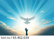 A hand and a flying white dove in the blue sky. The concept of freedom, International Day of Peace. Стоковое AI-изображение, AI-художник Виктория Тельминова / Фотобанк Лори