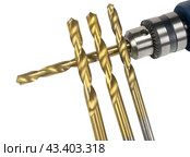 Патрон дрели и сверла на белом фоне. Cordless drill with twist bit closeup isolated on white. Стоковое фото, фотограф Татьяна Д / Фотобанк Лори