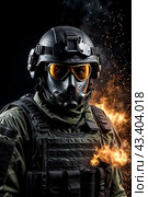 Portrait of special forces soldier man in uniform of tactical Units of Police with weapon at dark black background. Explosion, smoke and fire sparks. Urban problems unrest concept. Copy ad text space. Стоковое AI-изображение, AI-художник Aleksandr Golubev / Фотобанк Лори