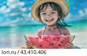 A little girl is joyfully eating a piece of watermelon by the sea under her hat. Стоковое AI-видео, аниматор Юрий Поздников / Фотобанк Лори