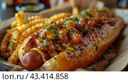 Close Up Of A Grilled Hot Dog Topped With Chili, Cheese, and Parsley Served With Crinkle-Cut Fries. Стоковое AI-изображение, AI-художник Сергей Толмачёв / Фотобанк Лори