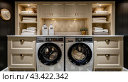 Modern Laundry Room With White Cabinets and Front Loading Washers. Стоковое AI-изображение, AI-художник Сергей Толмачёв / Фотобанк Лори