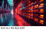Illuminated Digital Stock Ticker Display In Modern Urban Setting At Night. Стоковое AI-изображение, AI-художник Сергей Толмачёв / Фотобанк Лори