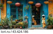 Colorful Shopfront With Lanterns and Women in Hoi An. Стоковое AI-изображение, AI-художник Сергей Толмачёв / Фотобанк Лори