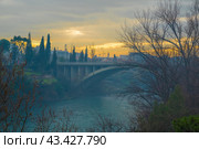 Blazo Jovanovic Bridge over the river Moraca in Podgorica, capital of Montenegro. evening, winter, sunset, dawn (2022 год). Стоковое фото, фотограф Павел Муравьев / Фотобанк Лори
