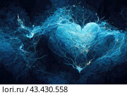 Beautiful abstract background. Image of a blue heart on a dark background. It looks like waves and splashes of water. Illustration of care, love and feelings. Great for wallpaper. Generative AI. Стоковое AI-изображение, AI-художник Андрей Степанов / Фотобанк Лори