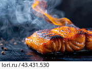 Hot smoked salmon fillet on a black board. Hot lox piece with steamed smoke. Dark background. Salmon steak served lemon, herbs cooking grill barbecue. Grilled red fish dish. Frying trout. Menu, recipe. Стоковое AI-изображение, AI-художник Марина Демидюк / Фотобанк Лори