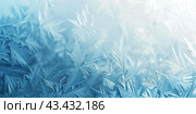 Winter frost patterns on glass. Ice crystals. Abstract light blank cold winter background or wallpaper. Frost patterns on frozen window. Frosted glass. Freezing effect. Frostwork. Harsh season. Cold. Стоковое AI-изображение, AI-художник Марина Демидюк / Фотобанк Лори